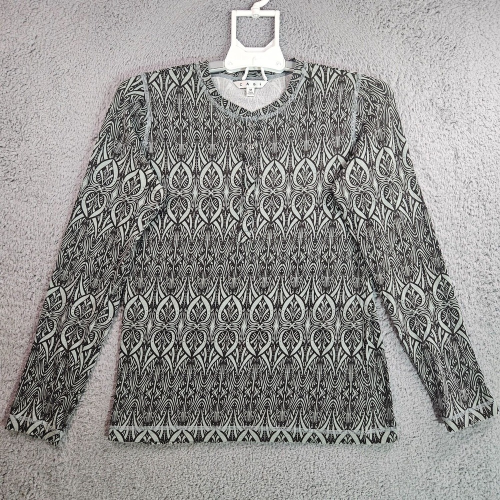 Cabi Tee Top Women Medium Long Sleeve Geometric Print Green Dark Gray - M